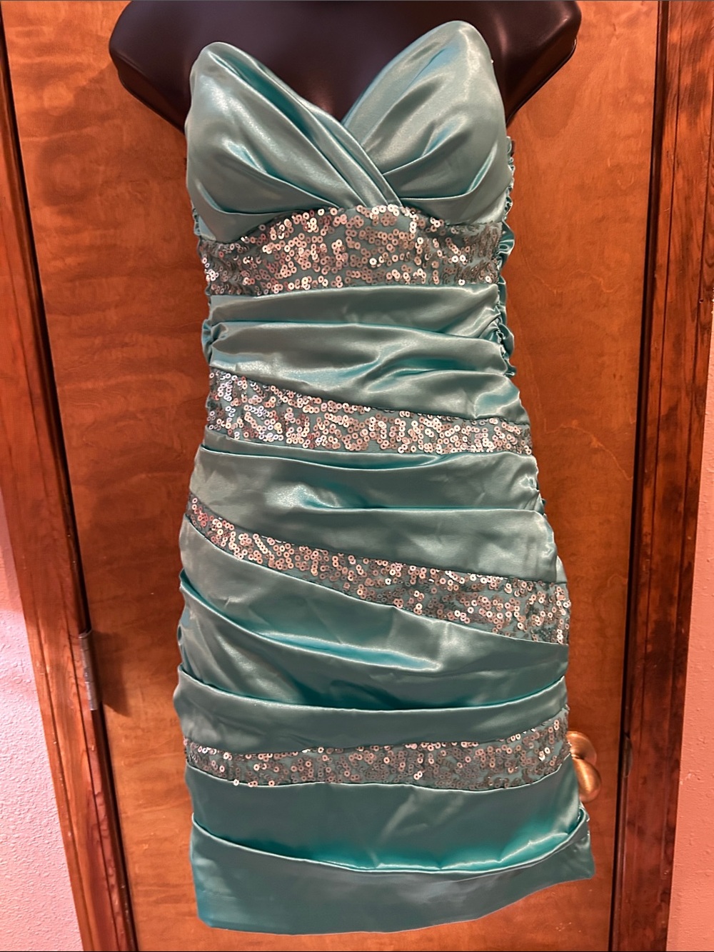 Strapless Satin Sequin Ruched Mini Dress in Aqua - Homecoming